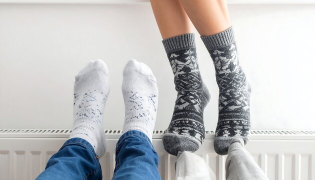 Close-up view of two pairs of legs with patterned socks, feet resting on a radiator against a white wall, winter comfort