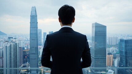 Fototapeta premium Young Business Heir Contemplating Future Success in a Modern Urban Landscape, Emphasizing Ambition and Growth Amidst Towering Skyscrapers