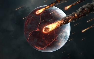 A high-quality 3D render of a planetary cataclysm. The surface of an alien planet is being bombarded by large, burning meteors, creating huge impact craters