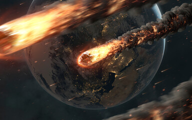 A high-quality 3D render of a planetary cataclysm. The surface of an alien planet is being bombarded by large, burning meteors, creating huge impact craters