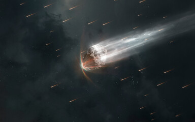 Space scene of large meteors with fiery tails are shown impacting the planet's surface. Smaller meteors streak across the sky