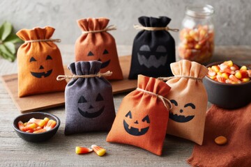 Fototapeta premium Halloween candy bags with pumpkin faces and assorted treats on wooden table. Small DIY Halloween treat bags made of fabric or paper, concept of festive treats