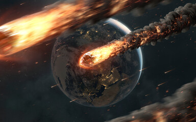 A high-quality 3D render of a planetary cataclysm. The surface of an alien planet is being bombarded by large, burning meteors, creating huge impact craters