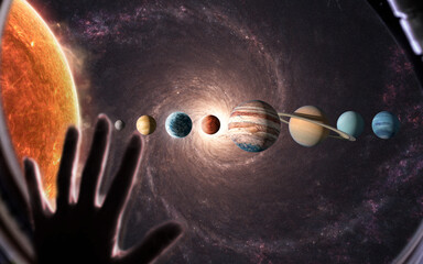 A detailed 3D illustration of the solar system, showing the Sun and all eight planets: Mercury, Venus, Earth, Mars, Jupiter, Saturn, Uranus, and Neptune