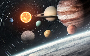 A detailed image of all the planets in the solar system, a high-quality render including Mars, Earth, and all other planets