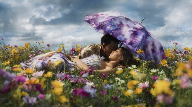 A romantic couple lies in a sunlit wildflower meadow sharing an intimate moment under a vibrant floral umbrella