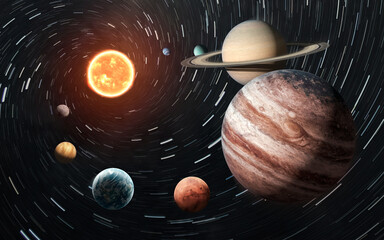 A vibrant and colorful digital artwork of the entire solar system. A composite image showing every planet from Mercury to Neptune, with a focus on the high surface details of Mars and Earth