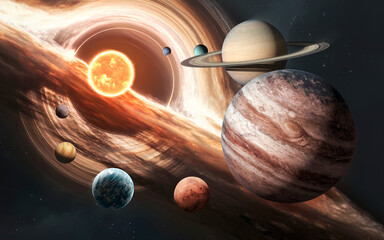 A detailed 3D illustration of the solar system, showing the Sun and all eight planets: Mercury, Venus, Earth, Mars, Jupiter, Saturn, Uranus, and Neptune