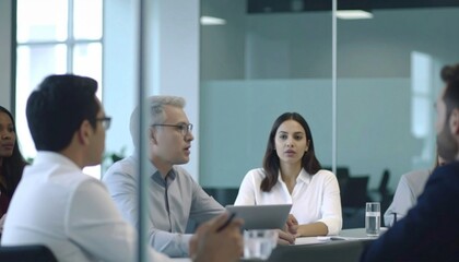 Fototapeta premium Multicultural international employees talking at team office meeting sit in conference table behind glass door.