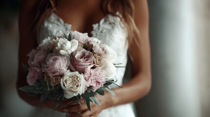 Naklejka premium A bride in a white dress holds a delicate bouquet of pink and white flowers