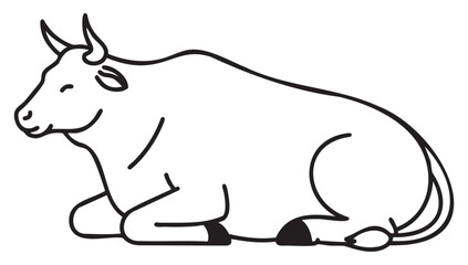 Obraz premium Black outline vector illustration of a resting cow with horns, depicted in a minimal and linear style, viewed from the side.
