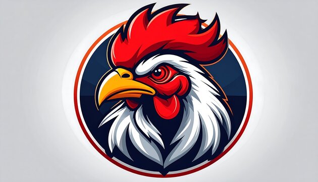 Vivid graphic of a rooster's head inside a circular frame, featuring bold colors and detailed features. Depicts a proud, combative stance
