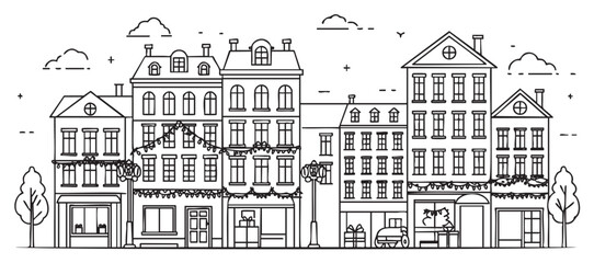 Fototapeta premium Black outline vector drawing of a festive holiday street with decorated buildings, trees, and a horse-drawn carriage.