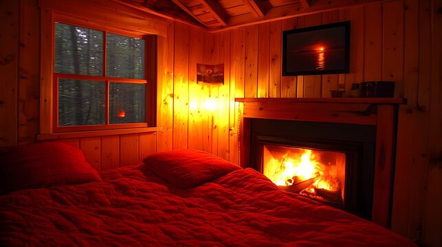 Cozy cabin interior featuring fireplace with warm light and red bed