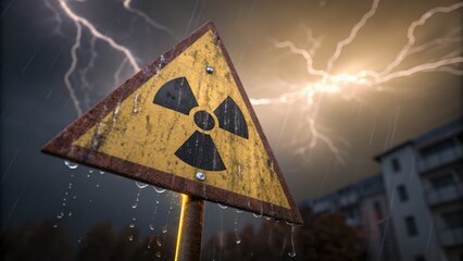 Warning sign against a stormy backdrop with rain and lightning.