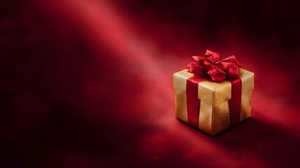 A golden gift box tied with a red ribbon and bow illuminated by a spotlight against a dark red background