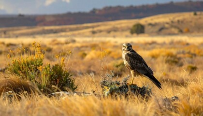Obraz premium Beautiful bird of prey perched in a field on a sunny day with golden hues