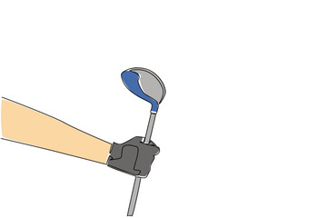 Continuous one line drawing a hand wearing a glove is holding a golf club. Amateur golfers do not need the camera spotlight. Exercise. National Golf Day. Single line draw design vector illustration