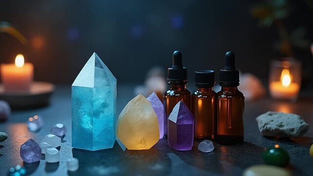 Serene arrangement of healing crystals and aromatherapy oils with soft candle light