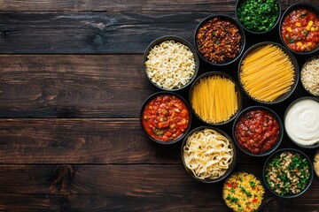 Delicious pasta preparation event kitchen food arrangement rustic environment overhead view culinary delight
