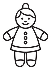 Fototapeta premium Black outline vector icon of a simple smiling doll with a round head, wearing a dress with buttons and having short hair.