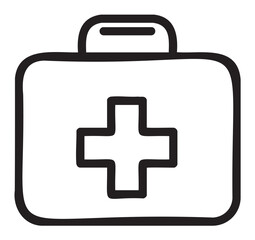 Obraz premium Black outline of a simple first aid kit with a prominent cross symbol on the front and a top handle for easy carrying.