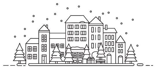 Naklejka premium Black outline linear drawing of a snowy urban street scene with residential buildings, pine trees, snowflakes, and a bench for a winter cityscape theme.