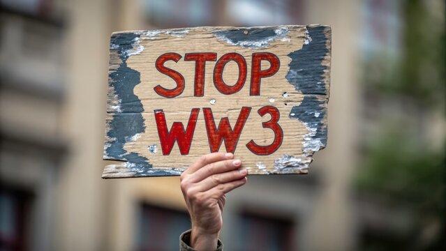 ww3 illustration A hand holds a weathered sign reading "STOP WW3," advocating for peace amid a protest.