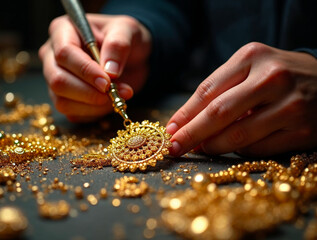 Jeweler crafting intricate gold jewelry with precision tools and gemstones