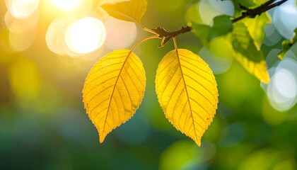 Fototapeta premium Close-up shot of two golden leaves on a branch against a soft, blurred background. Sunlight filters through