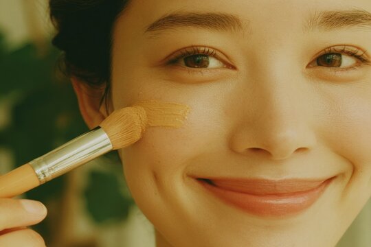 Smiling woman applying makeup with brush, showcasing natural bea