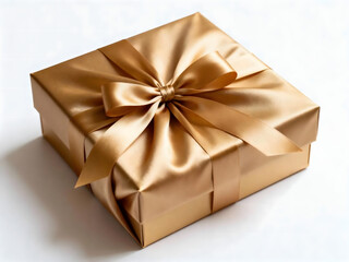 A beautifully wrapped golden gift box with a satin ribbon bow, presented on a white background.