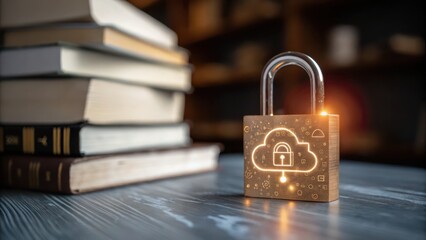 ai cloud for education A digital lock symbolizing cybersecurity next to stacked books on a wooden table.