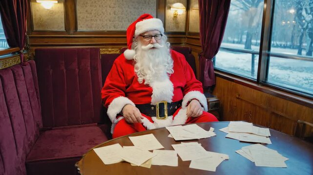 Santa Claus sitting in train booth with scattered letters