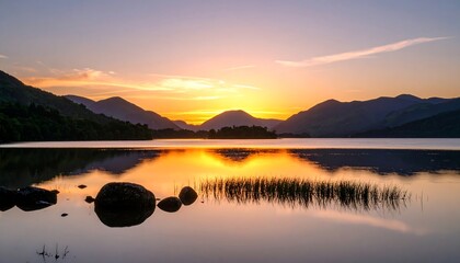Serene lake sunset reflecting mountains