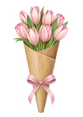 Watercolor bouquet of pink tulips in a brown paper cone tied with a ribbon isolated on a transparent background