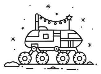 Fototapeta premium Black outline icon of a futuristic lunar rover with a detailed design, adorned with string lights and surrounded by stars.