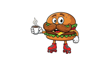 Naklejka premium Cartoon Hamburger with Mustache on Roller Skates Holding Coffee Cup on White Background