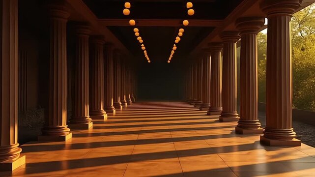 Grand hall with classical columns and warm lighting creates a sense of depth