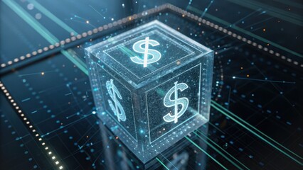 ai cloud for finance 3D digital cube with dollar sign, representing finance and technology concepts.