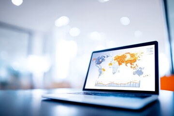 Computer displaying global data visualization with colorful world map and graphs.