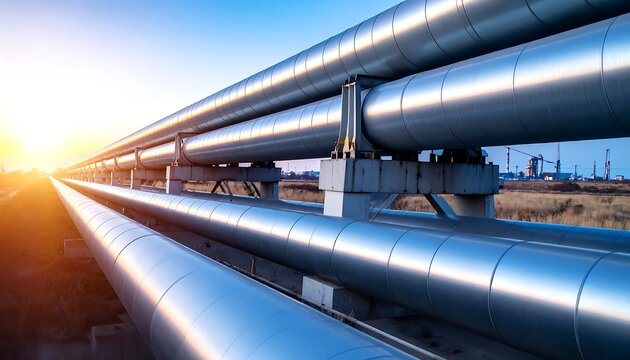 Low-angle view of parallel steel pipes at dawn, stretching into the distance, with the sun visible. Industry concept