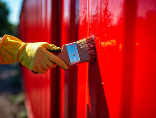 Hand with yellow glove painting red surface using brush during renovation work