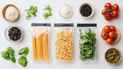 Preparing fresh pasta ingredients in a minimalist kitchen food photography clean and bright environment top-down view