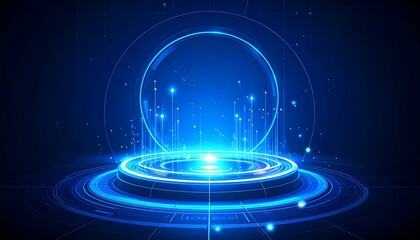 Abstract digital presentation of a glowing platform and surrounding circles, illuminated with streaks of light, and a dark blue background