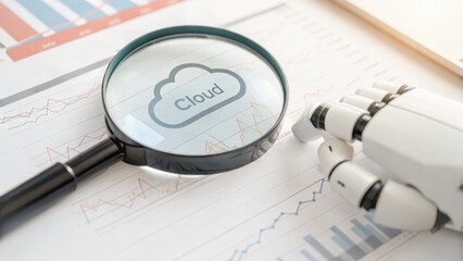 ai cloud for finance Magnifying glass over cloud data charts with a robotic hand symbolizing technology and analysis.