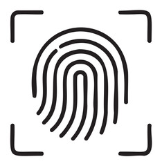 Black outline icon of a fingerprint scanner with a circular biometric fingerprint surrounded by a square frame.
