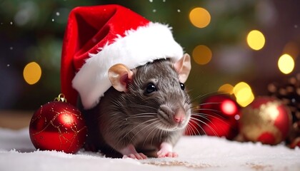 Adorable gray rodent, dressed in a Santa hat, sits in festive snow, with ornaments and bokeh lights behind, evoking holiday cheer