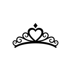 A black and white graphic illustration of a tiara with a heart and diamond shape design element
