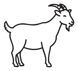 Black outline vector icon of a simple standing goat with a short beard and curved horns, featuring minimalistic design for farm and animal concepts.